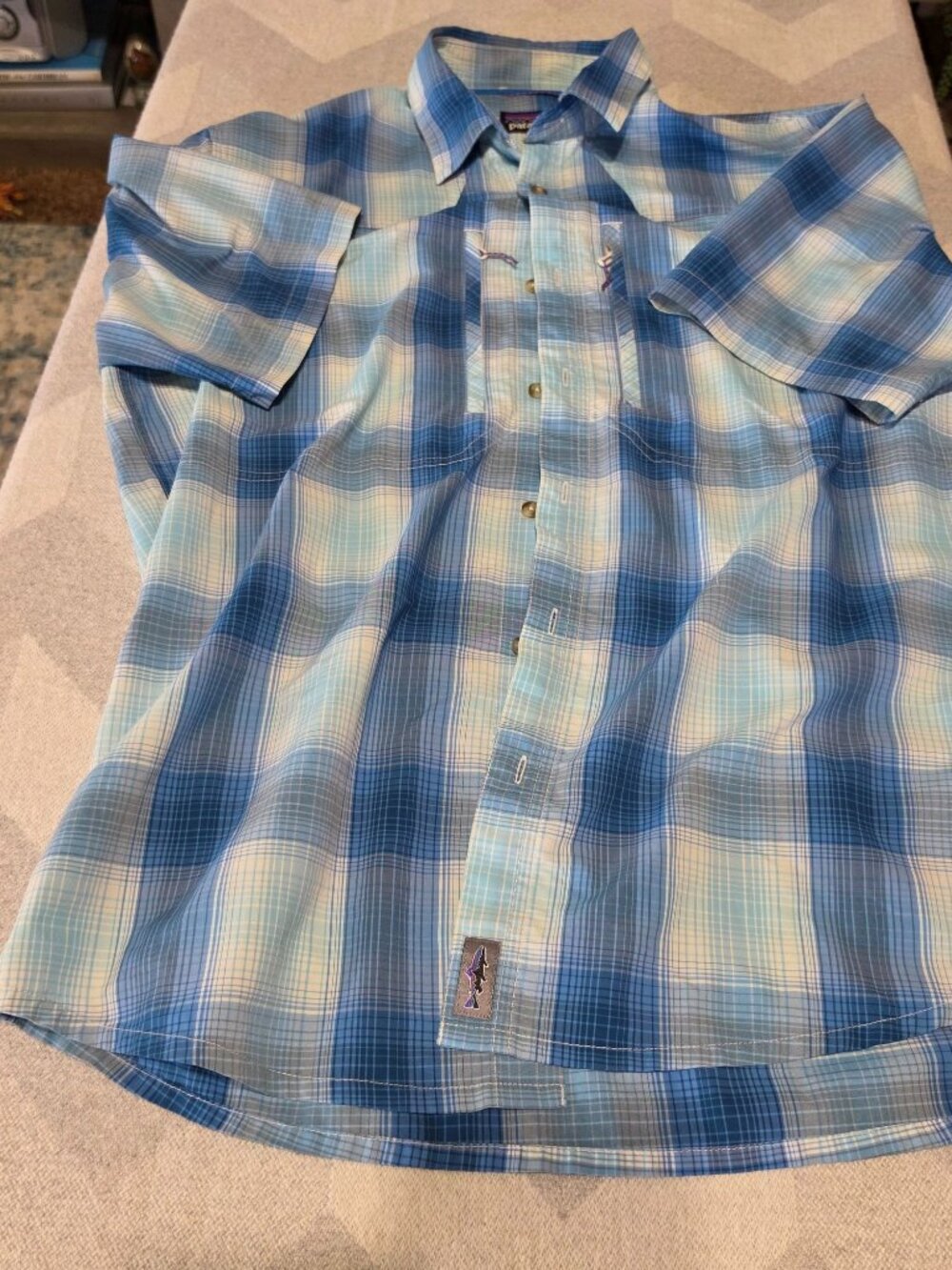 Patagonia Men's Sun Stretch Short-Sleeve Fishing Shirt Plaid Blue Size M STY5426